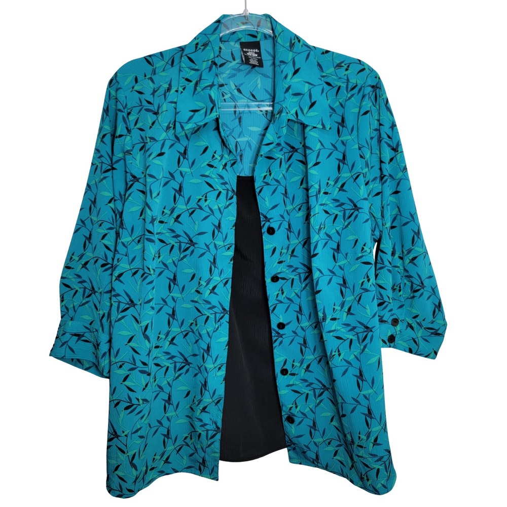 George Womens Plus 18W 20W Teal Blue Leaf Print 2-in-1 Layered Blouse 2Fer Top